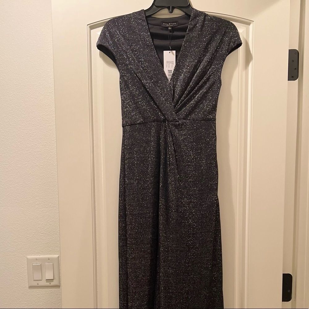 Halston Heritage Sparkle Stretch Metallic Twist Front Gown Long Dress - Picture 4 of 7